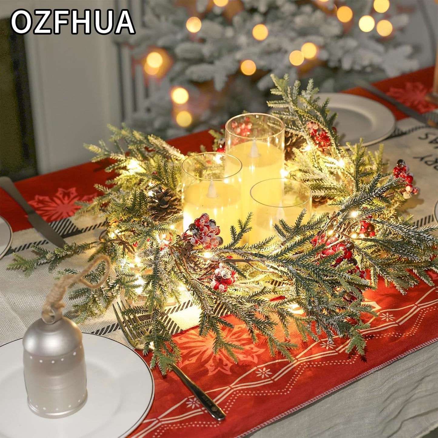 OZFHUA 6 FT Christmas Garland with Lights - Pre-Lit Artificial Christmas Garland, Flocked Garland with Red Berries Pine Cones for Decoration, Mantle Stairs Railing Home Xmas Decoration Indoor
