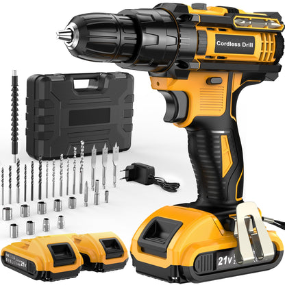 JYGMPRO Cordless Drill Driver 21V, Hammer Drill with 2 Batteries 2000mAh, 25+3 Torque, 42N.m Max Electric Drill, 30PCS Drill Bits, 2 Speed, LED Light for Home and Garden DIY Project