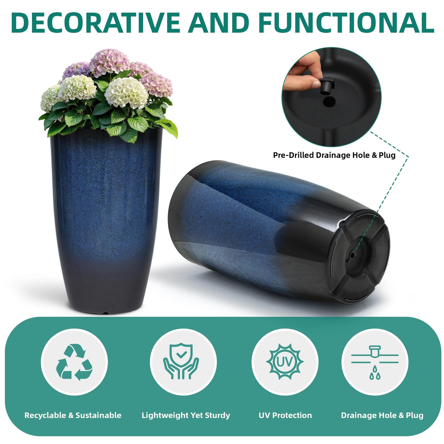 Autodaya 23.8" Large Tall Planters Set of 2 Plant Pot Plastic Flower Pots Outdoor Gradient Cobalt Blue Finish Front Porch Decor Pot Weather-Resistant & Lightweight for Garden, Patio, Deck, Indoor