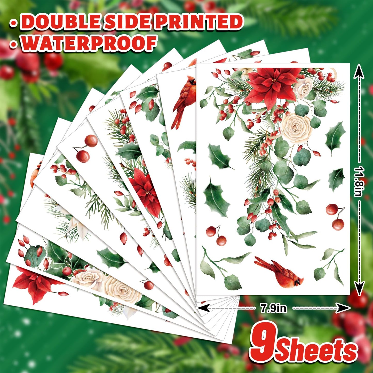 Whaline 9 Sheets Christmas Floral Window Cling Stickers Hanging Poinsettia Flowers Eucalyptus Leaves Reusable Window Decals for Xmas Winter Party Home Office Classroom Decoration