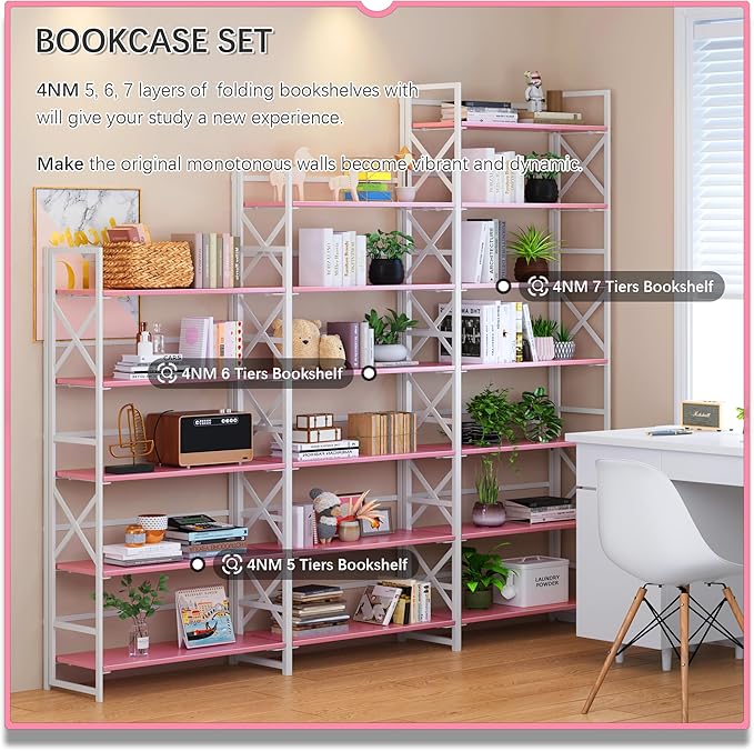 4NM 5 Tiers No Assembly Book Shelves, 51.2" H Folding Bookshelf Bookcase Open