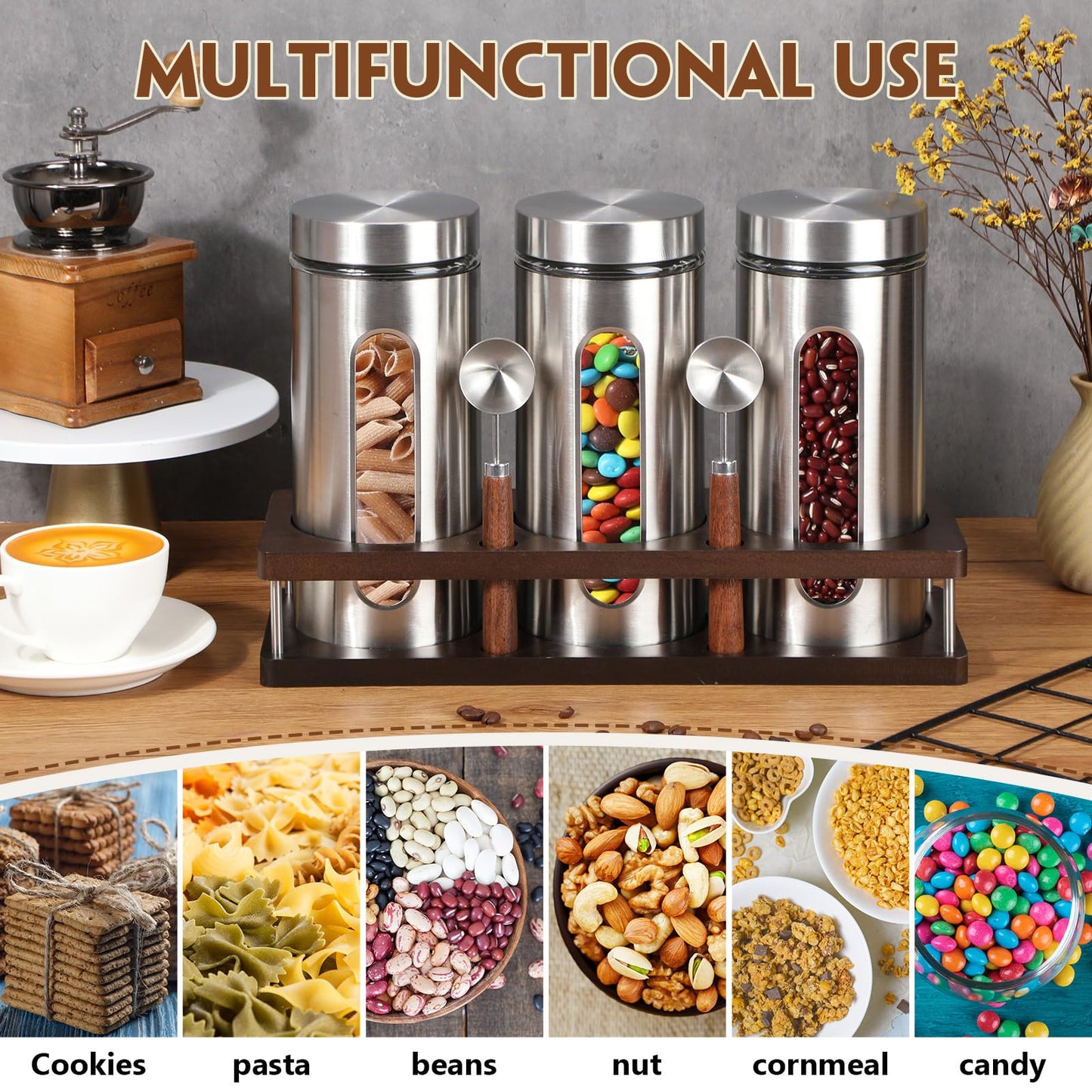 Suclain Stainless Steel Coffee Grounds Canisters with Shelf 3 x 50oz Sugar Coffee Bean Storage Container with Airtight Threaded Lid Glass Window Scoop Kitchen Jar Set for Bar Creamer Nut Tea