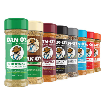 Dan-O’s Seasoning Variety Pack – 8 Bottle Set (Extra-Small Bottles) – Original, Spicy, Chipotle, Crunchy, Cheesoning, Preem-O, SEA-soning & Tac-O – All Purpose, Sugar Free, Zero Calorie Spice Set