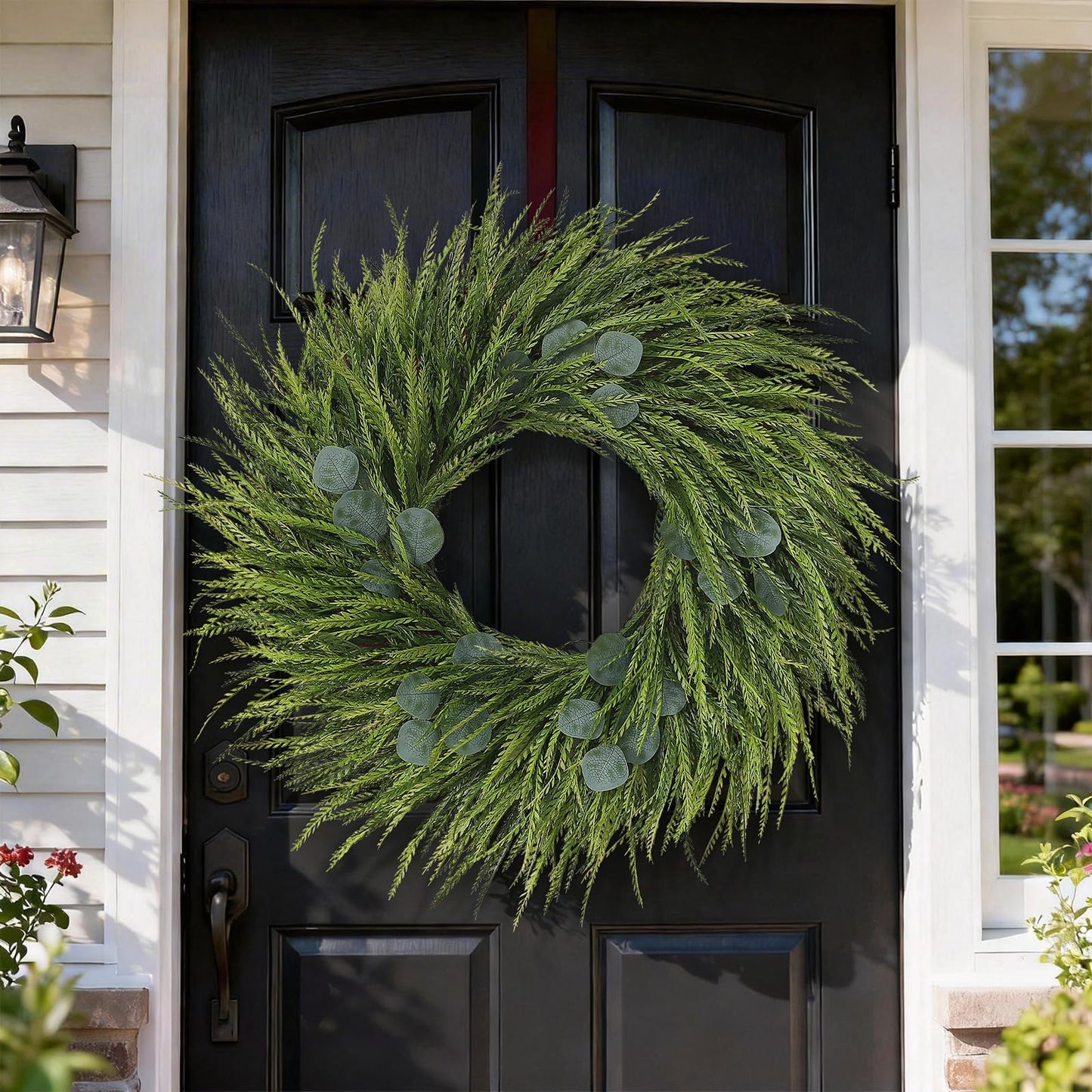 26" Artificial Saw Grass Wreath for Front Door, Lifelike Faux Saw Grass Wreath with Fake Eucalyptus Spring Summer Greenery for Wall Window Fireplace Farmhouse Home Outside Decoration