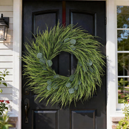 26" Artificial Saw Grass Wreath for Front Door, Lifelike Faux Saw Grass Wreath with Fake Eucalyptus Spring Summer Greenery for Wall Window Fireplace Farmhouse Home Outside Decoration