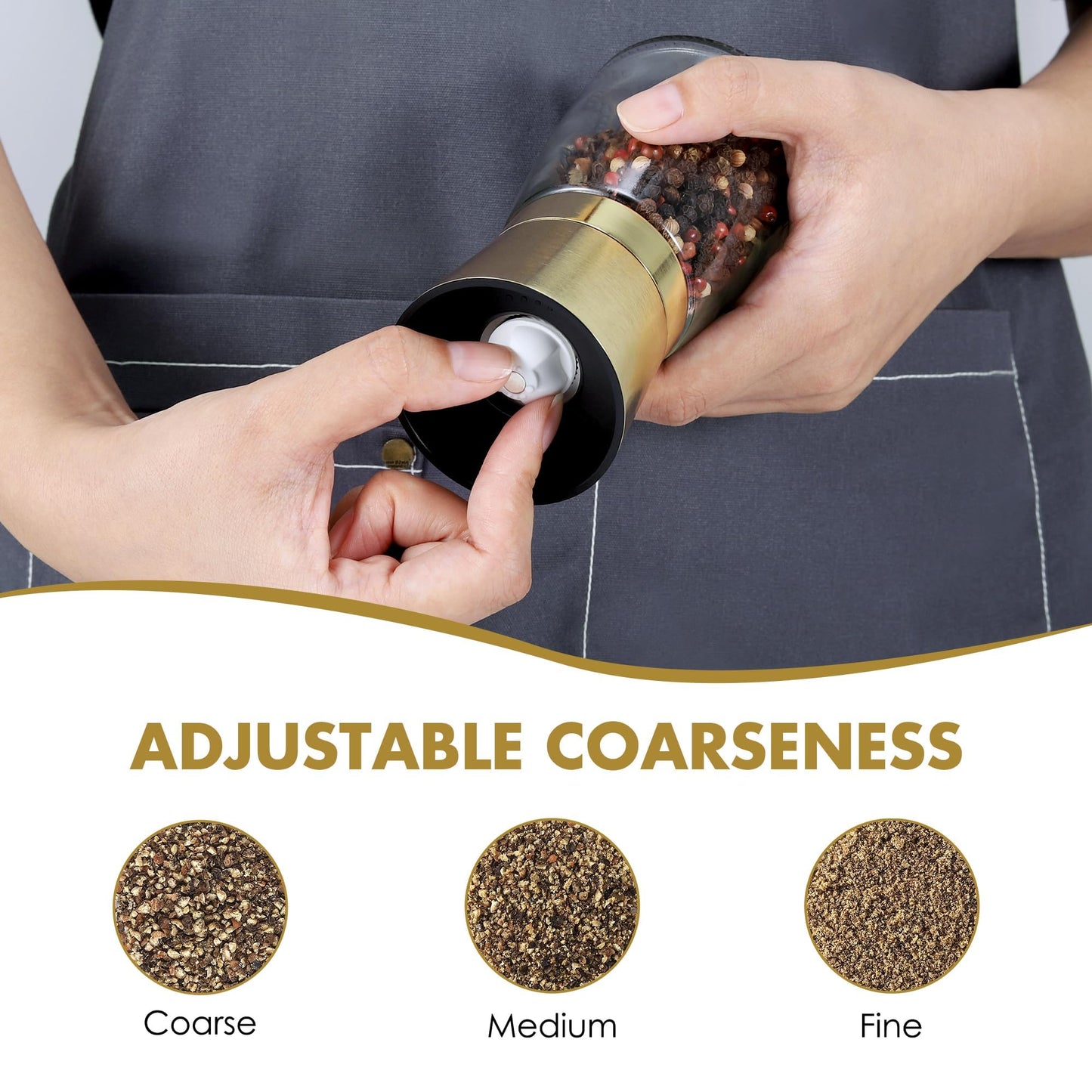 vzaahu Golden Salt and Pepper Grinders with Funnel, Brush - Adjustable Coarseness Shiny Gold Cap Seasalt Peppermill Set Refillable with Magnetic Lid, for Modern, Kitchen Decoration Gift