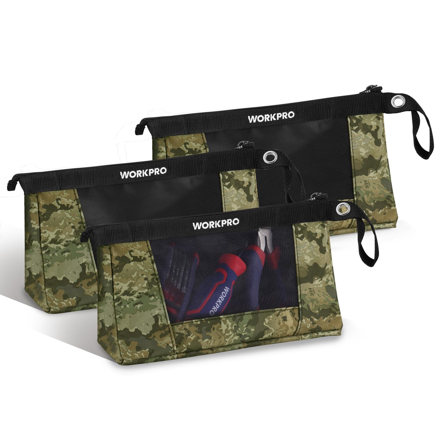 WORKPRO 12" Tool Pouches with Zipper, Heavy-Duty Small Tool Bag, Utility small tool pouch for Tool Organizers and Storage, Mini Tool Bag, 3 Pack, Camo
