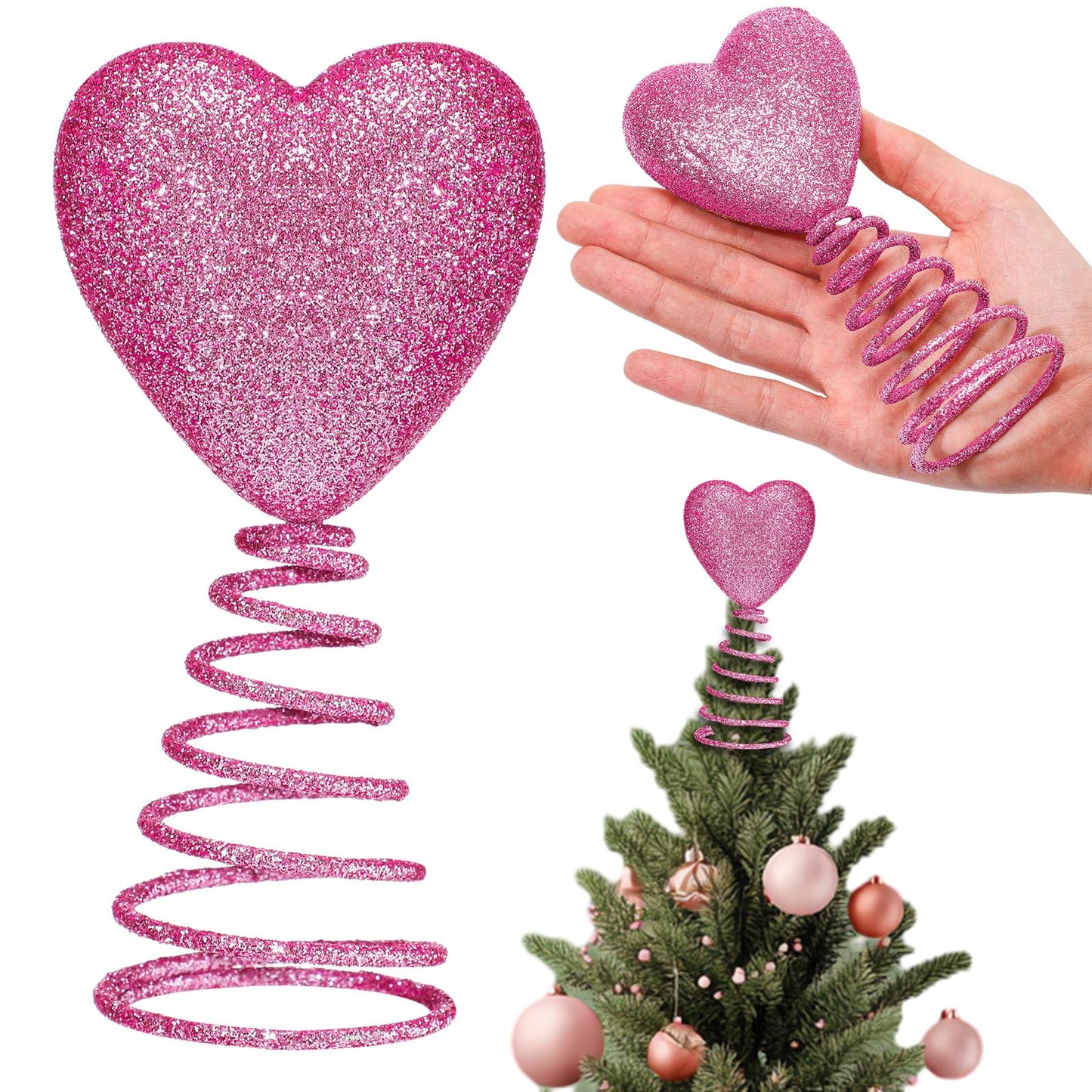 Gejoy Mini Valentine Christmas Tree Topper Pink Heart 6 Inch Miniature Glitter Heart Star Tree Topper for Valentine Home Decor Holiday