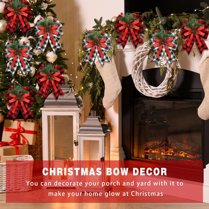 Syhood 6 Pcs Christmas Bows with Pine Cones Pine Needles Xmas Buffalo Plaid Bows Black White Plaid Ribbon Christmas Tree Wreath Decoration for Xmas Parties Indoor Outdoor Crafts DIY Decor