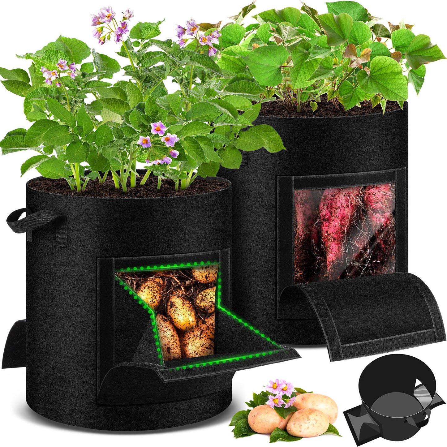 UJG 2 Pack 15 Gallon Potato Grow Bags with Pull-Down Harvest Window, Potato Bags for Growing Potatoes Heavy Duty Thickened Nonwoven Fabric Gardening Vegetable Growing Bags with Visible Window