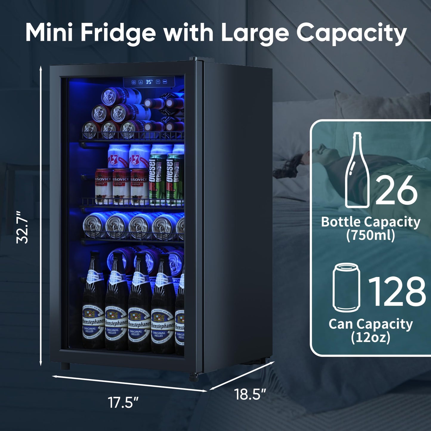Tehanld Beverage Fridge, 130 Can Mini Fridge With Glass Door, Beverage Cooler Refrigerator, Wine Drink Beer Cooler, Adjustable Shelves & Digital Temperature Display