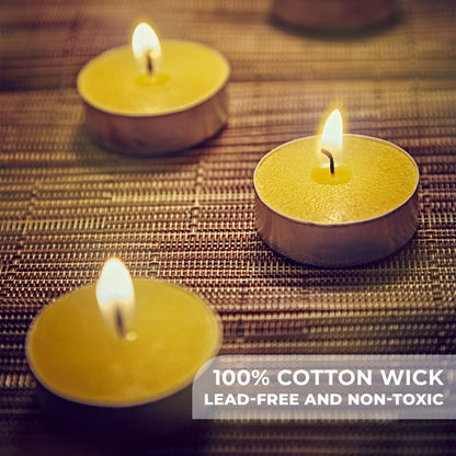 Pure Beeswax Tealights - Unscented Smokeless & Clean Burning Non-Toxic Tea Lights with Light & Natural Honey Scent, 4-Hour Burn Time, 1.5 x 0.5-Inch Handmade Candles, 48-Pack, by BeeTheLight