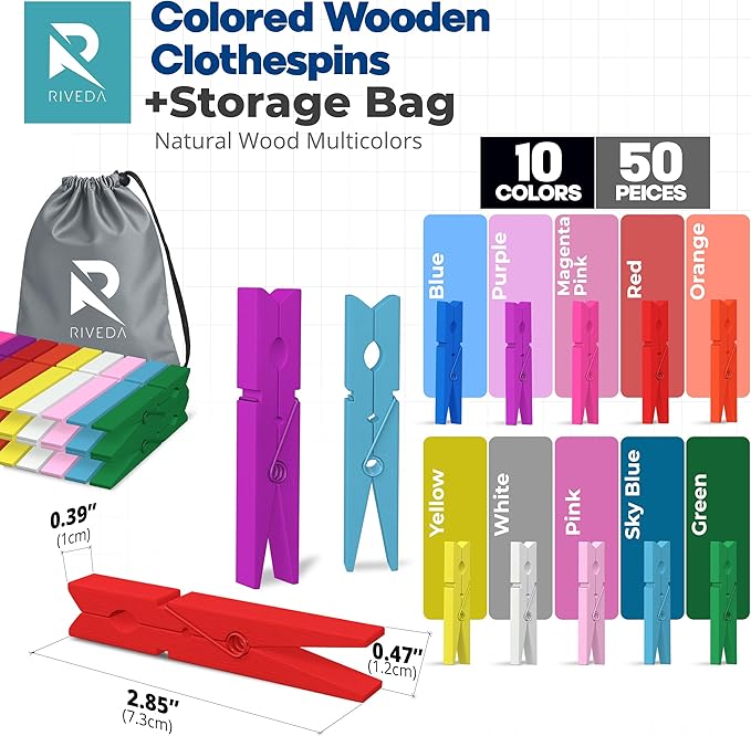 RIVEDA 50pcs Colored Wooden Clothes Pins, 2.9inch 10 Colors, Clothespins