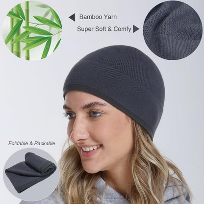 Skull Cap Bamboo Knit Hat for Men Women, Lightweight Breathable Summer Beanie Sleep Cap, Moisture Wicking Helmet Liner for Running Cycling, Gift for Cancer Patients (Black/Graphite)
