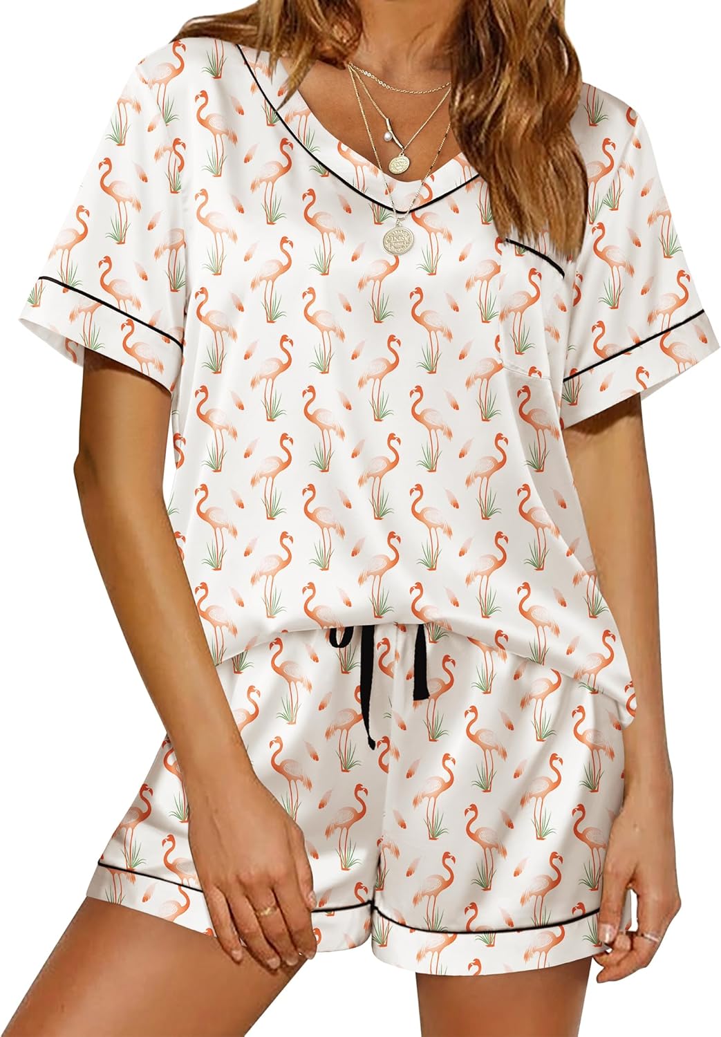 Ekouaer Silk Pajama for Women Short Sleeve Satin Pj Set Two Piece Soft Sleepwear Loungewear, S-XXL