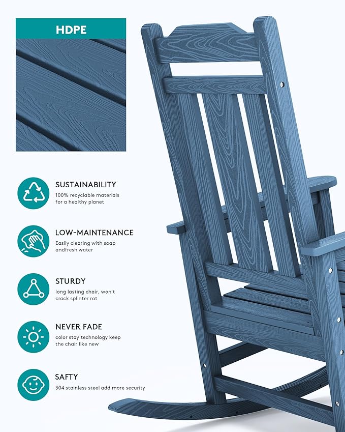 SERWALL Oversized Rocking Chair Outdoor, HDPE Outdoor Rocking Chair, Blue