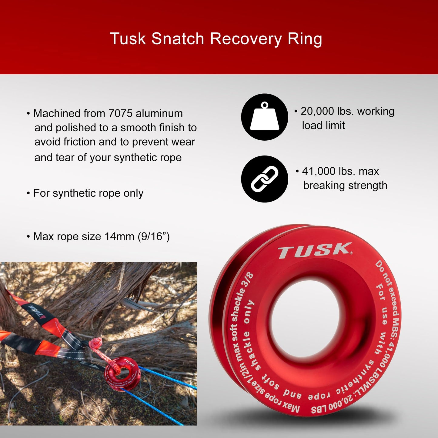 Tusk Heavy Duty UTV/ATV Kinetic Recovery Kit with Kinetic Rope (5/8” x 20’) Tree Strap (3' X 8') Aluminum Snatch Recovery Ring and Two Shackles (Stage 3, Synthetic)