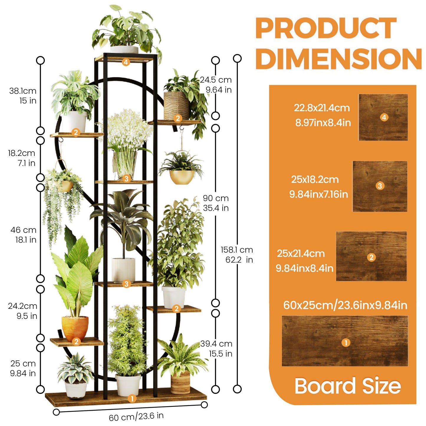 Plant Stand Indoor with Grow Lights - 62" Tall 8 Tier S-Shaped Corner Plant Shelf with 2 Hooks, Metal Flower Holder for Multiple Plants, Living Room Patio