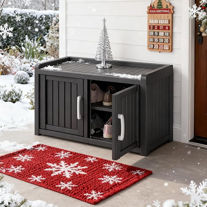 2-Tier Storage Bench, Waterproof UV-Resistant Outdoor Shoe Storage Cabinet with 2 Doors & Adjustable Shelves for Indoor Outdoor Entryway, Hallway, Living Room (Midnight Black)