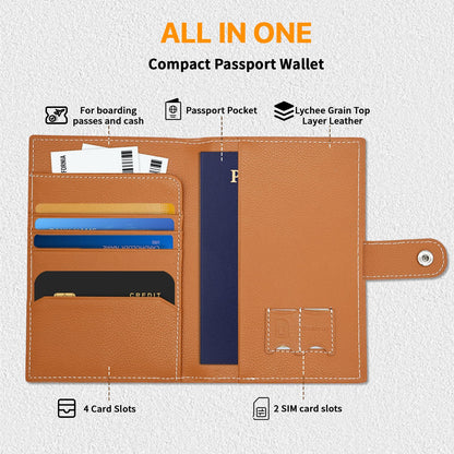 Genuine Leather Passport Holder for Travel, RFID Blocking Passport Wallet with Tracker Holder, Slim Passport Cover Travel Wallet for Women Men, Airport Essentials (Brown)
