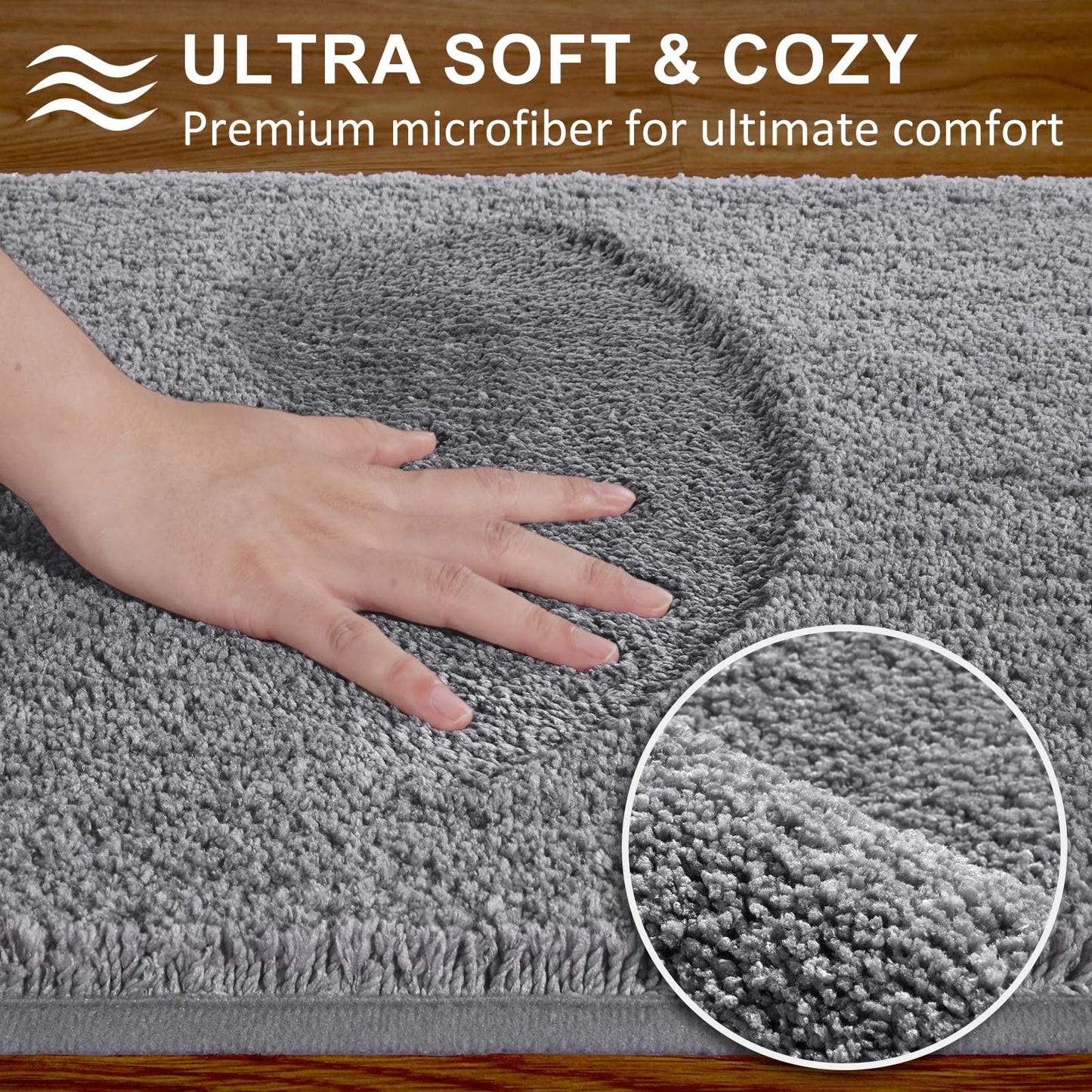 SOANNY 2 Piece Non-Slip Bath Mat Set, Luxury Thick Microfiber Shaggy Bathroom Rugs, 50 X 80 CM Soft Plush Shower Mat & 50 X 50 Toilet Pedestal Carpet, Machine Washable, Absorbent, Grey