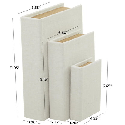 Deco 79 Linen Fabric Decorative Box Faux Storage Book Book Shaped Boxes, Set of 3 Decorative Keepsake Boxes 12", 9", 6"H, White
