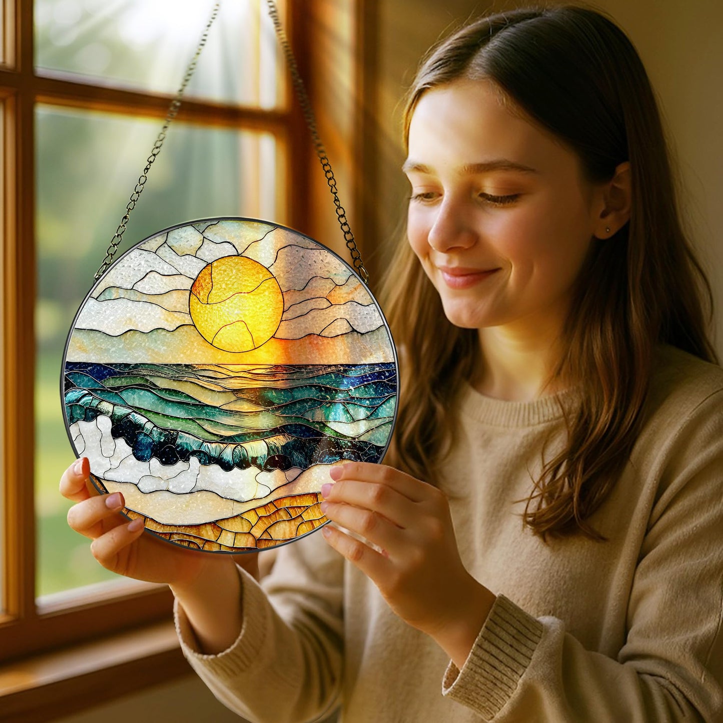 8-Inch Stained Glass Ornament, Stained Glass Window Hanging, Window Hanging Decor Suncatcher, Beach Sunset Ornament | Summer Vibes Gift | Gifts for Beach Lovers, Friend & Family