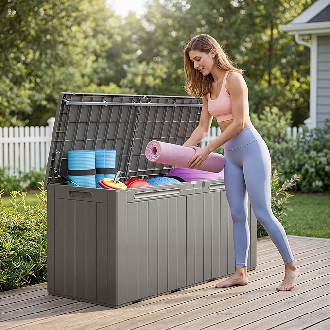 Greesum 110 Gallon Outdoor Storage Box with Lockable Lid, All-Weather Solution for Patio Furniture, Pool Supplies & Garden Tools, Waterproof, UV-Resistant Large Deck Box, Light Coffee