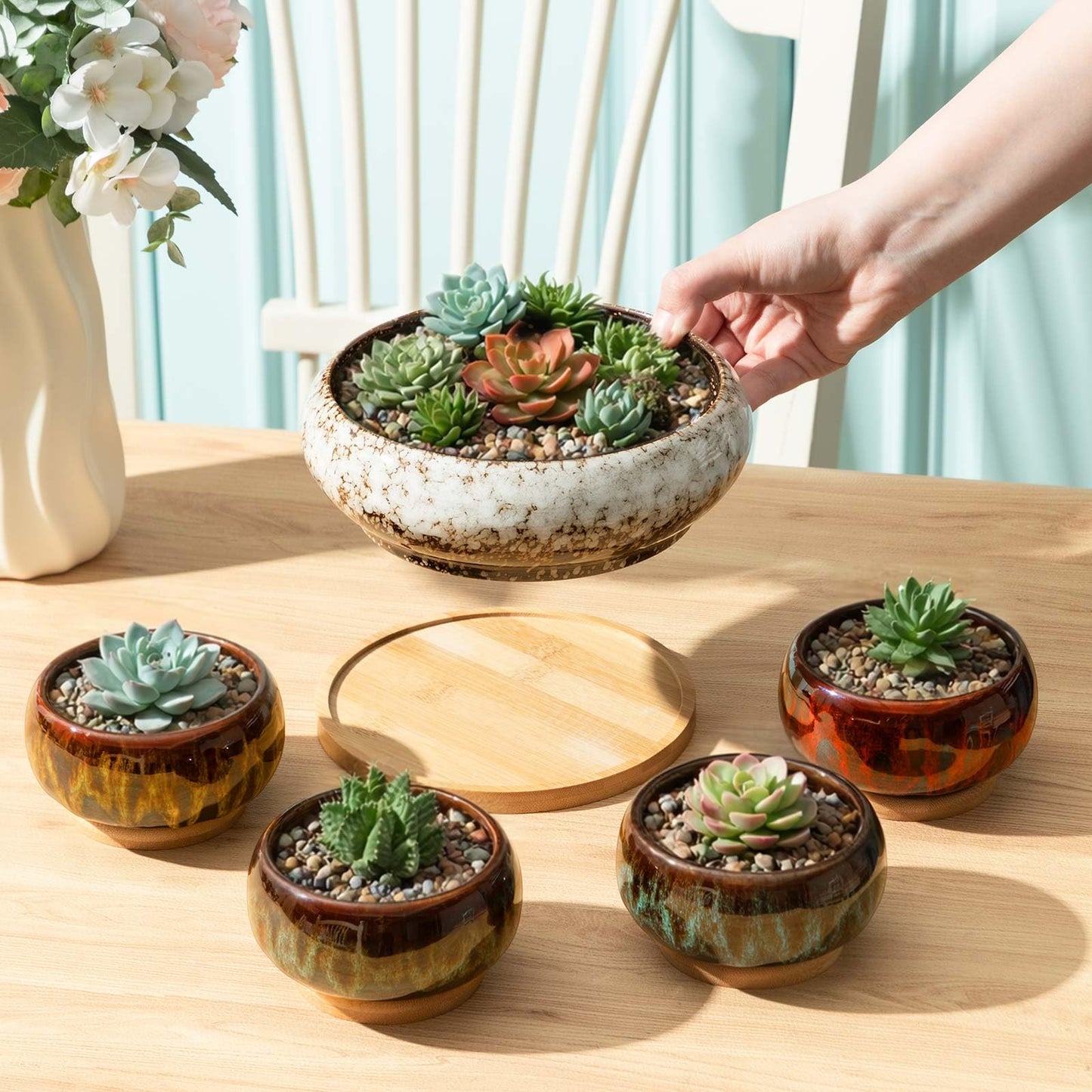 Acellegic 5 Pcs 7.3'' and 4'' Round Large Shallow Succulent Ceramic Planter Pots with Drainage Hole Drip Glazed Shallow Bonsai Pot with Bamboo Tray for Indoor Outdoor Plants Decor Cactus Flower