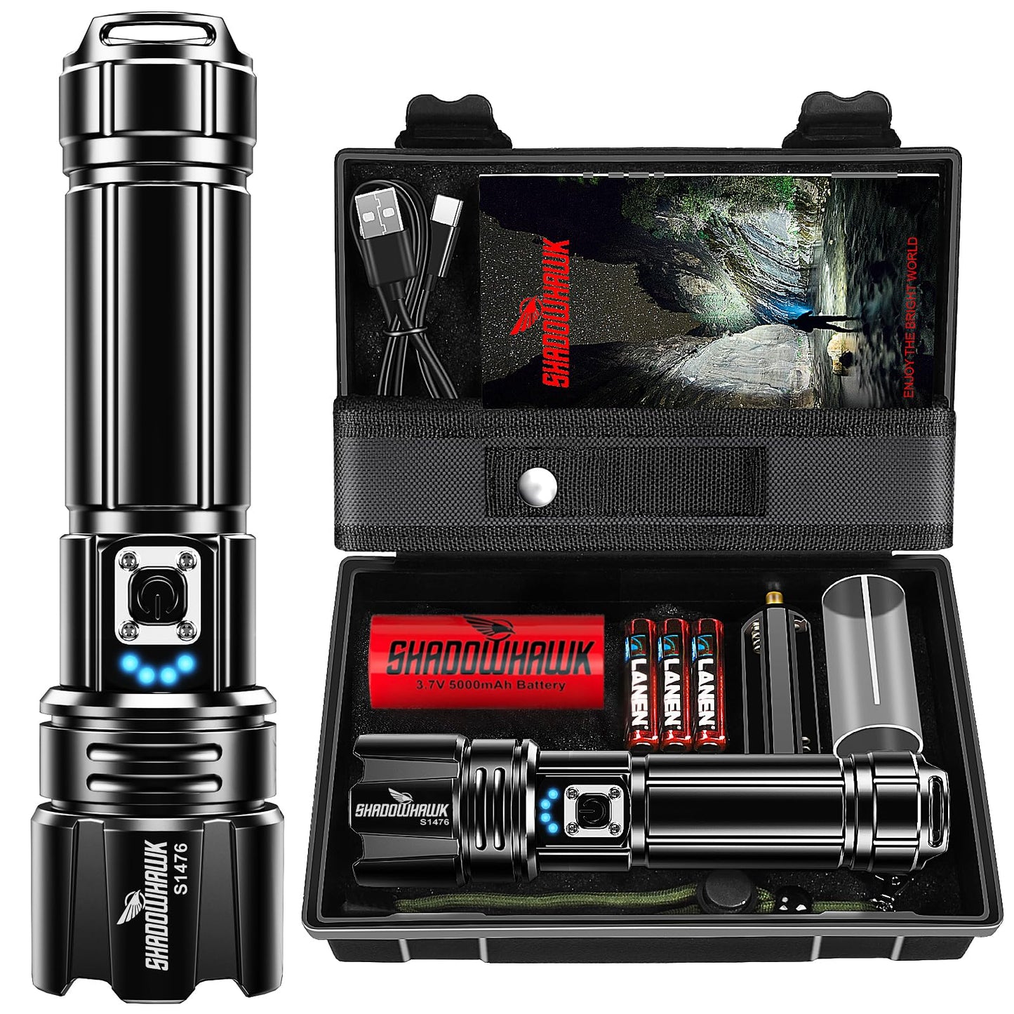 Shadowhawk Rechargeable Torch, 500000 Lumen Torches LED Super Bright, 5000 mAh Long Lasting, Adjustable Focus, IP67 Waterproof, 5 Modes, Powerful Handheld Flashlight for Power Cuts, Camping, Emergency
