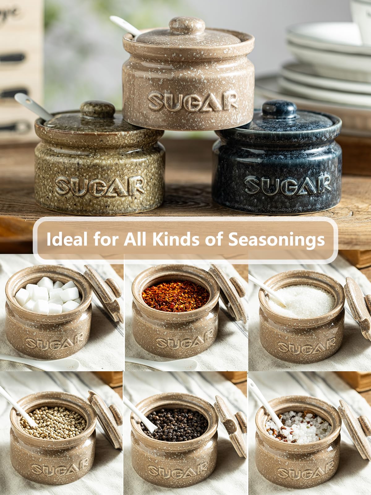 Gomakren Sugar Bowl with Lid and Spoon, Sugar Container Sugar Dish 10oz, Ceramic Sugar Jar for Coffee Bar, Kitchen, Countertop - Father's Day Modern Farmhouse Kitchen Decor, Brown