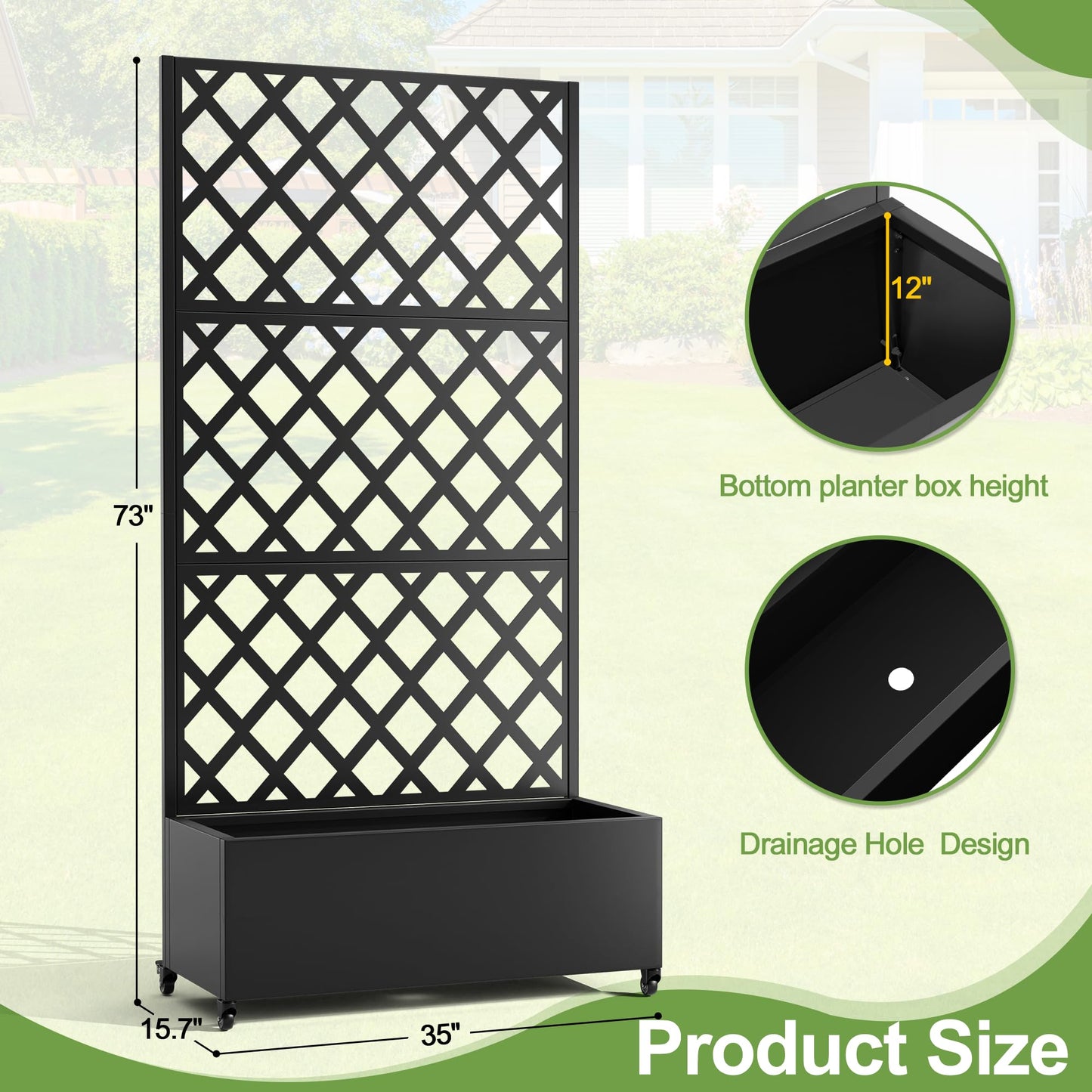 YESUNEED Metal Planter Trellis Box with Wheels & Drain Plug Outdoor Raised Garden Bed Patio Privacy Screen with Planter for Climbing Plants, Vegetables 73"x35"x16" Black-Diamond