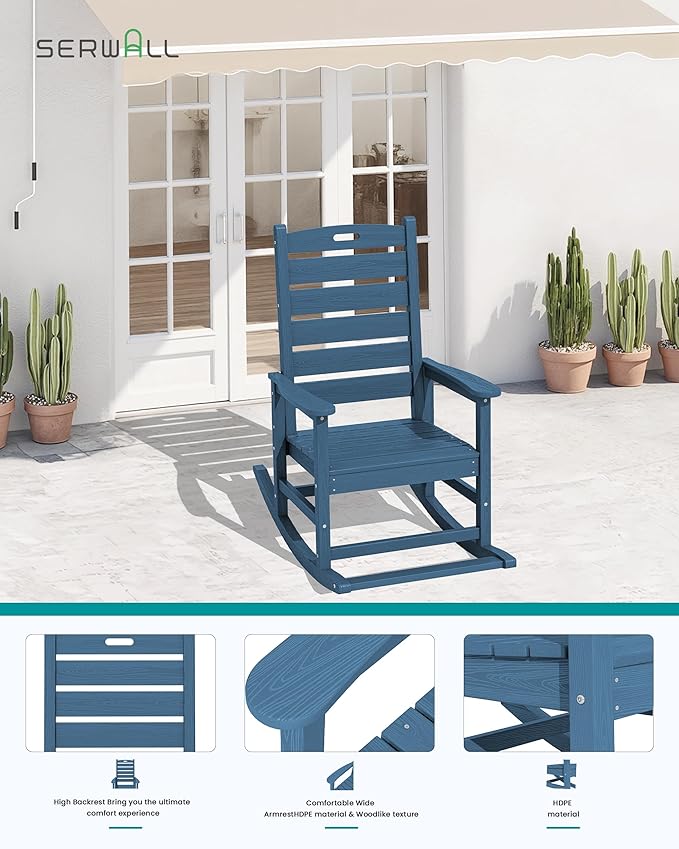 SERWALL Outdoor Rocking Chair Set of 2, Oversized Rocking Chair with Footboard for Adults, HDPE All Weather Resistant Rocking Chairs for Patio, 350lbs Weight Capacity, Navy