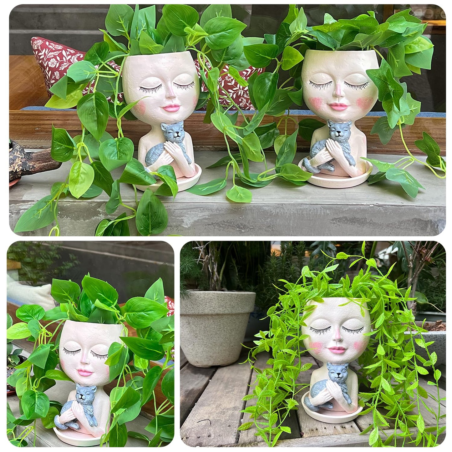 ASDFG Face Plant Pots Head Planters - Face Flower Pot Head Planter with Cat, Succulent Pots with Drainage Hole, Resin Lady Planter for Indoor Outdoor, Home Decor, Mother's Day/Women Gifts