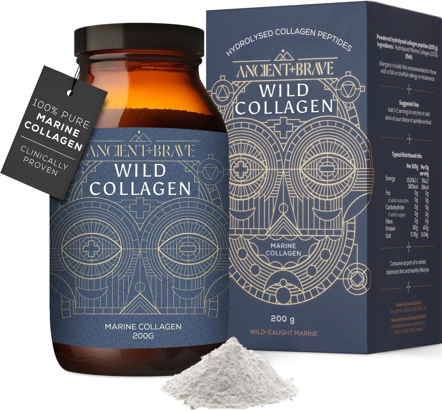 Ancient + Brave Wild Collagen Powder 200g - Pure Hydrolyzed Marine Collagen Peptides Supplement (Fish) - Best Collagen Powder for Women - High Protein, Fasting Friendly - 30 Day Supply