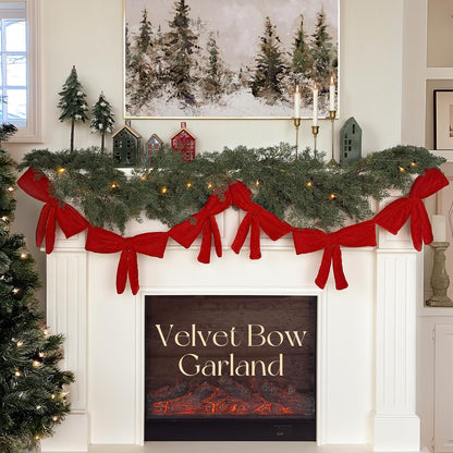 Christmas Decorations - 6 Ft Red Velvet Bow Garland - Xmas Decor for Mantel Fireplace Shelf Cabinet Stand Door Window Frame Bedroom Living Room Home Entryway Indoor Holiday Decoration