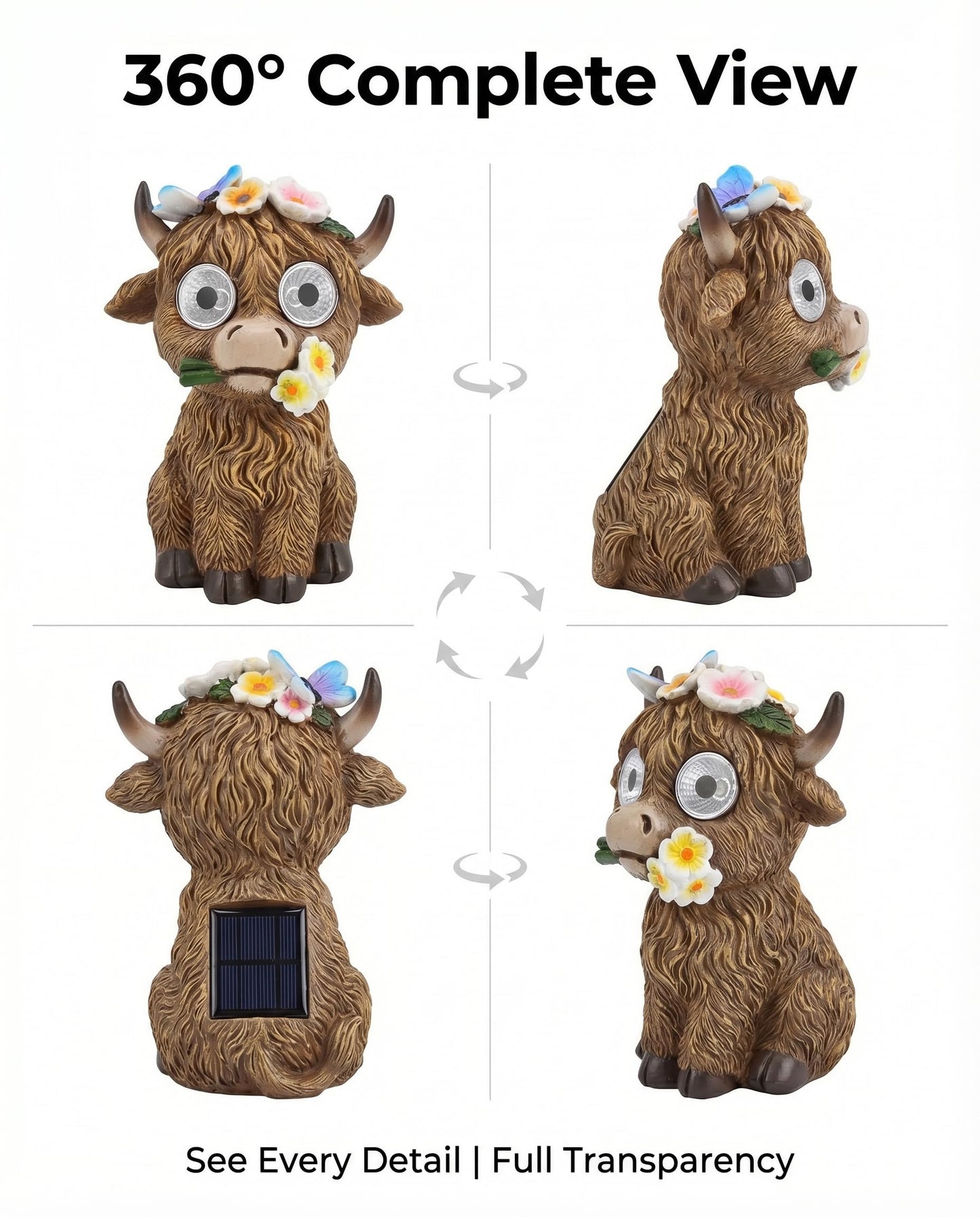 iStatue Solar Highland Cow Garden Statue with LED Light – Cute Resin Cow Figurine Outdoor Yard Decor, Waterproof Lawn Ornament, Gift for Women Mom Garden Lovers (1-Pack)