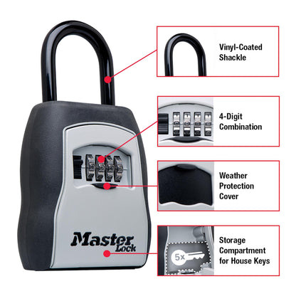 Master Lock Key Lock Box for House Keys – Outdoor Portable Combination Lockbox with Resettable 4 Digit Code, Weather Resistant Durable Metal Body, Holds 5 Keys, 5400D Black