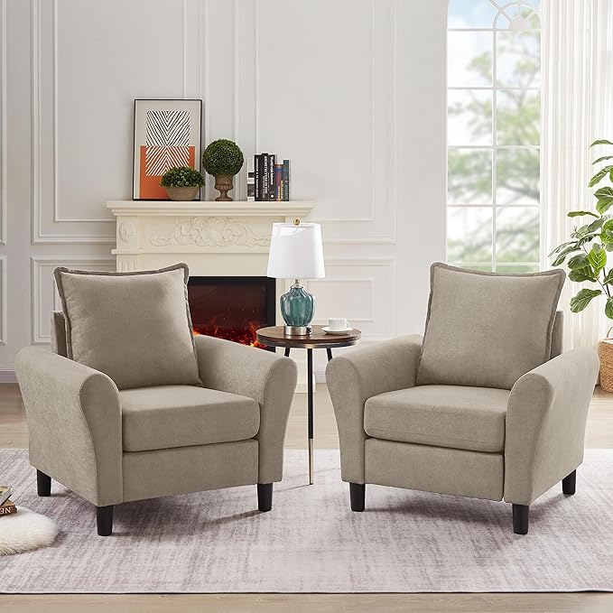 Mid-Century Accent Chairs Set of 2, Modern Linen Fabric Armchair