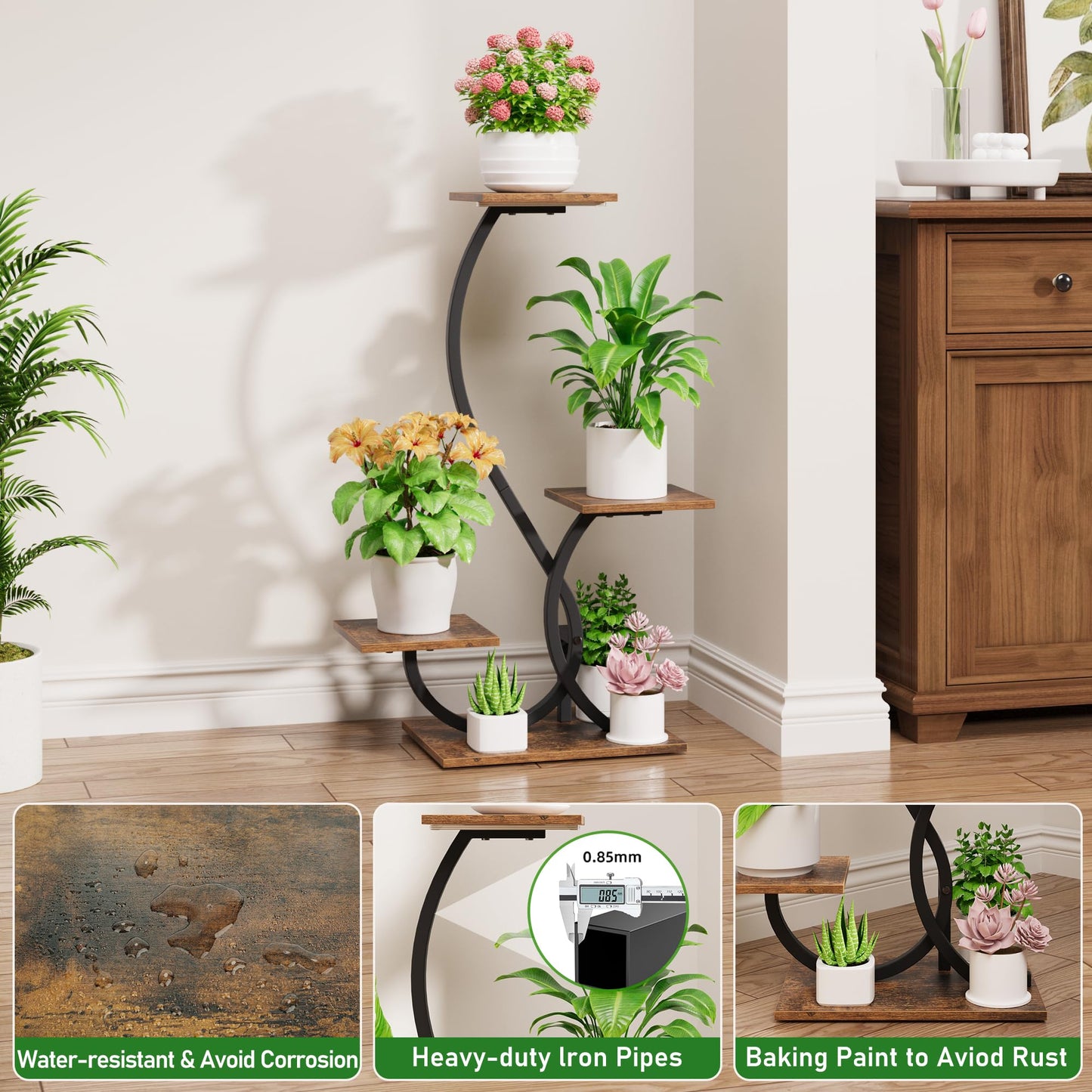 BACEKOLL Plant Stand Indoor with Grow Lights - S-Shaped Plant Shelf, Lighted Corner Plant Stands for Indoor Growing, 32" Metal Flower Holder, 4 Tiered Decorative Shelves for Home, Hallway, Black