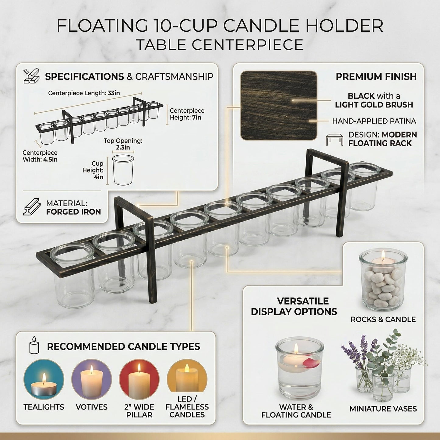 Seraphic Dining Table Centerpiece Decor, Candle Holders for Tables, 10-Cup