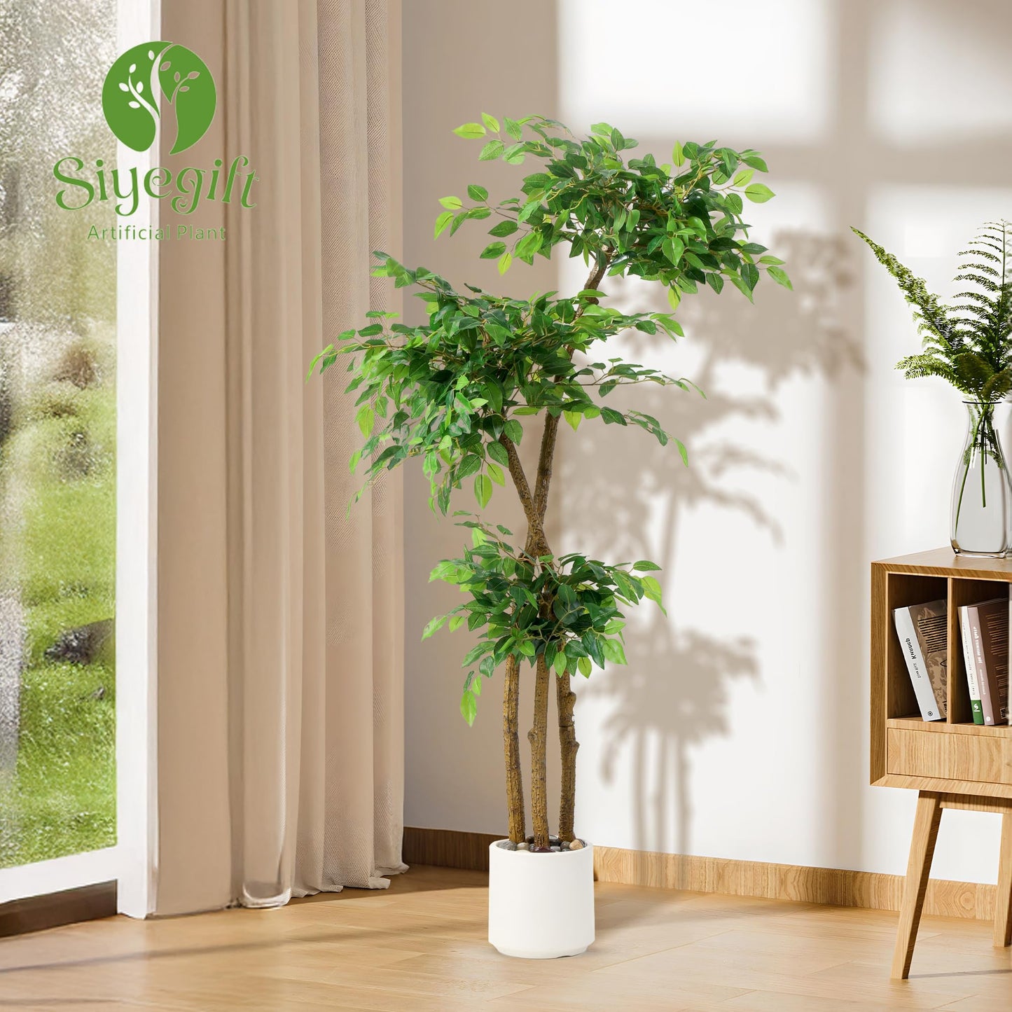 5FT Artificial Ficus Tree with White Planter and Pebbles,Faux Silk Tree with Lifelike Leaves and Realistic Trunk,Tall Fake Potted Plant for Home and Office Décor Indoor and Outdoor (5FT)