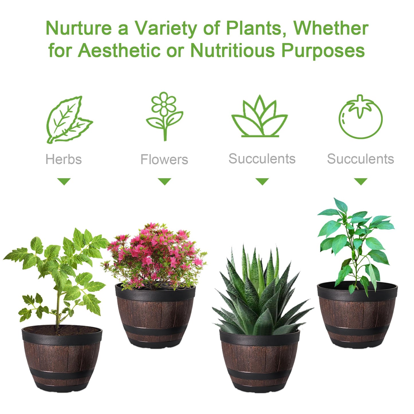 VECELO Plant Pots with Drainage Holes & Saucer, 9/11.3/13 Inch Flower Pots with Tray, 3 Pack Plastic Whiskey Barrel Planters for Indoor & Outdoor Garden Home Plants and Flowers