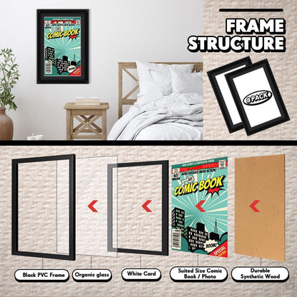 Geetery 8 Pack Comic Book Frame, UV Protection, Comic Picture Magazine Frames Fits Current up to 6 3/4 x 10 1/4, Wall or Tabletop Display with Spring Clips Installed Hangers(Black (White Mat))