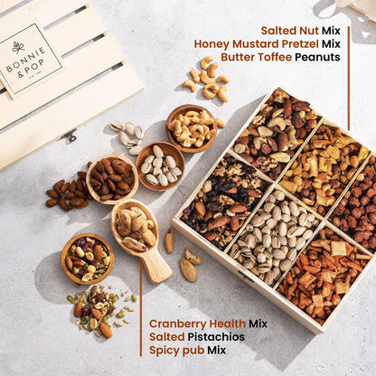 Happy Birthday Food Gift Basket, Healthy Nut Gift Tray, Birthday Snack Treat in Reusable Wooden Crate, Gourmet Assorted Food Delivery, Birthday Snack Box, For Men, Women and Families, Bonnie & Pop