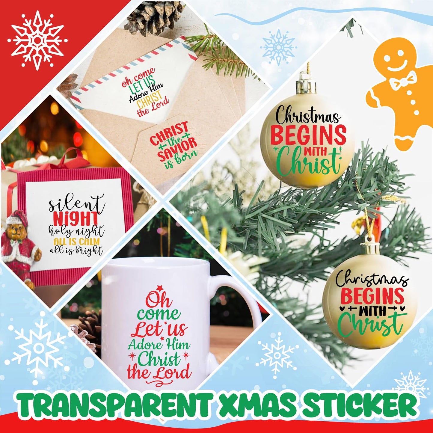 53 PCS Christmas Stickers for Crafts Nativity Decal Red Green Bible Decals Indoor Home Decorations Xmas Eve Vinyl Sticker for Ornaments Jesus Christian Religious Decal for Window Winter Holiday Gift