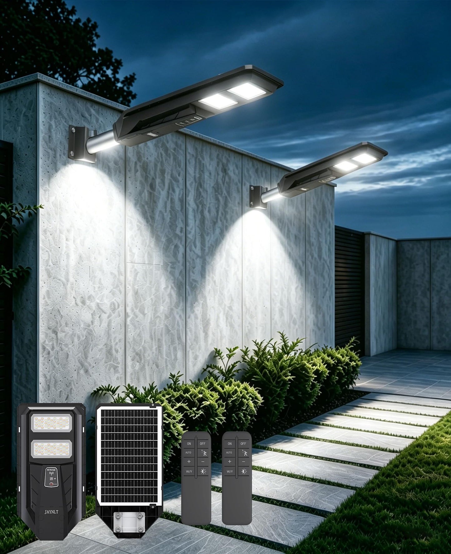 JAYNLT Outdoor Solar Street Light, 3000K/4000K/6500K Dusk to Dawn Solar Flood Light with Motion Sensor, IP67 Waterproof Super Bright LED Outdoor Lighting for Yard, Garage and Other Area Lighting-2pack