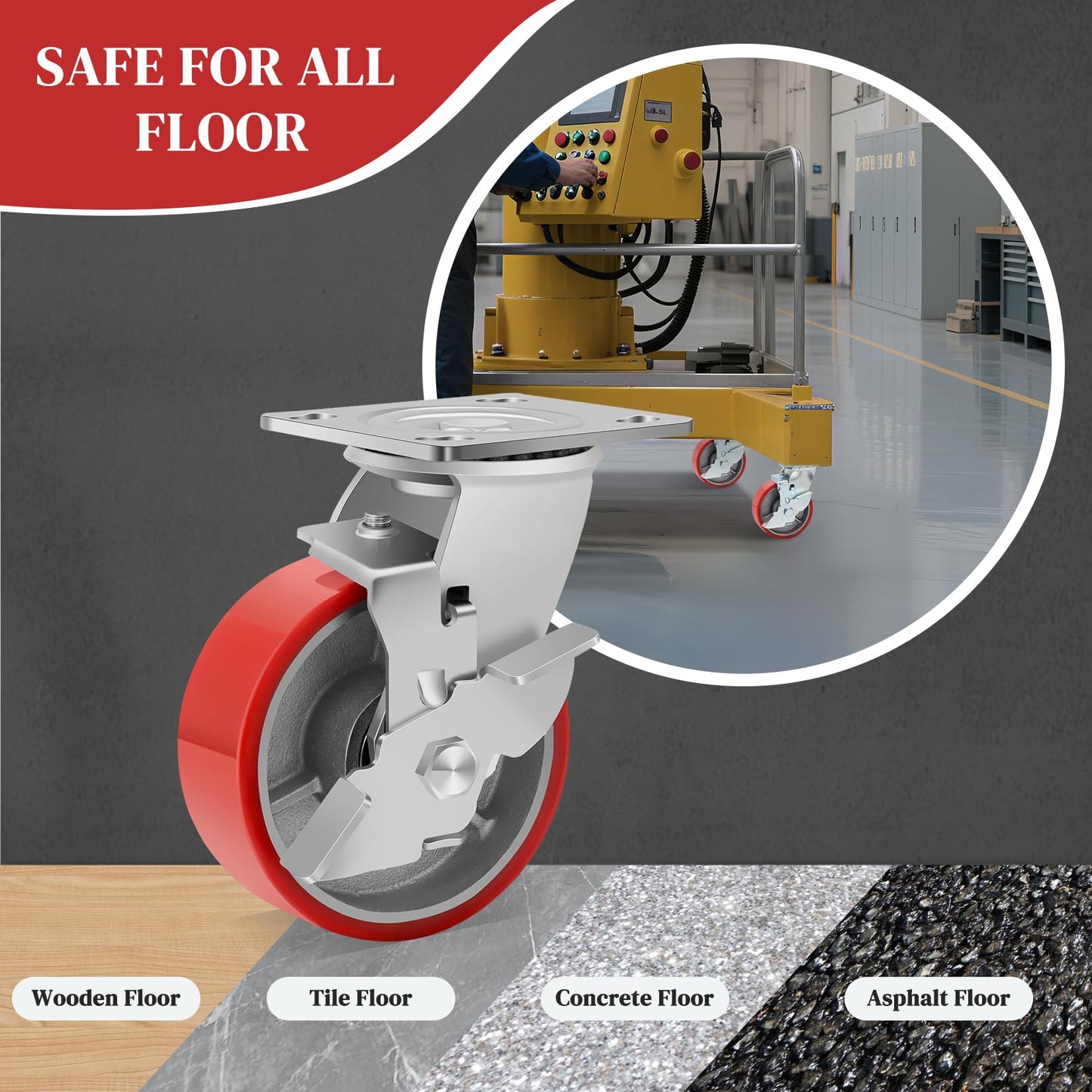 W B D WEIBIDA 5 Inch Industrial Casters, Heavy Duty Casters 4000 LBS, Low Noise Polyurethane Wheels on Steel Hub Swivel Plate Caster Wheels Shelving, Gantry Crane, Platform Truck(4 Brake)