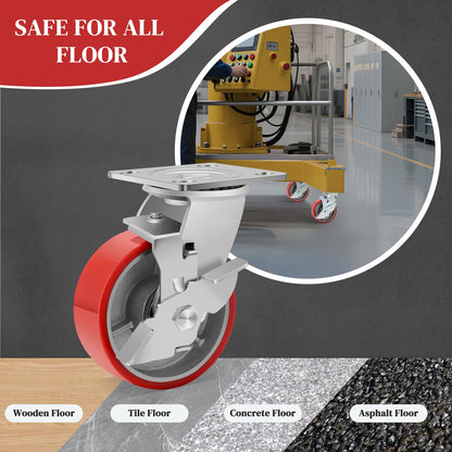 W B D WEIBIDA 5 Inch Industrial Casters, Heavy Duty Casters 4000 LBS, Low Noise Polyurethane Wheels on Steel Hub Swivel Plate Caster Wheels Shelving, Gantry Crane, Platform Truck(4 Brake)