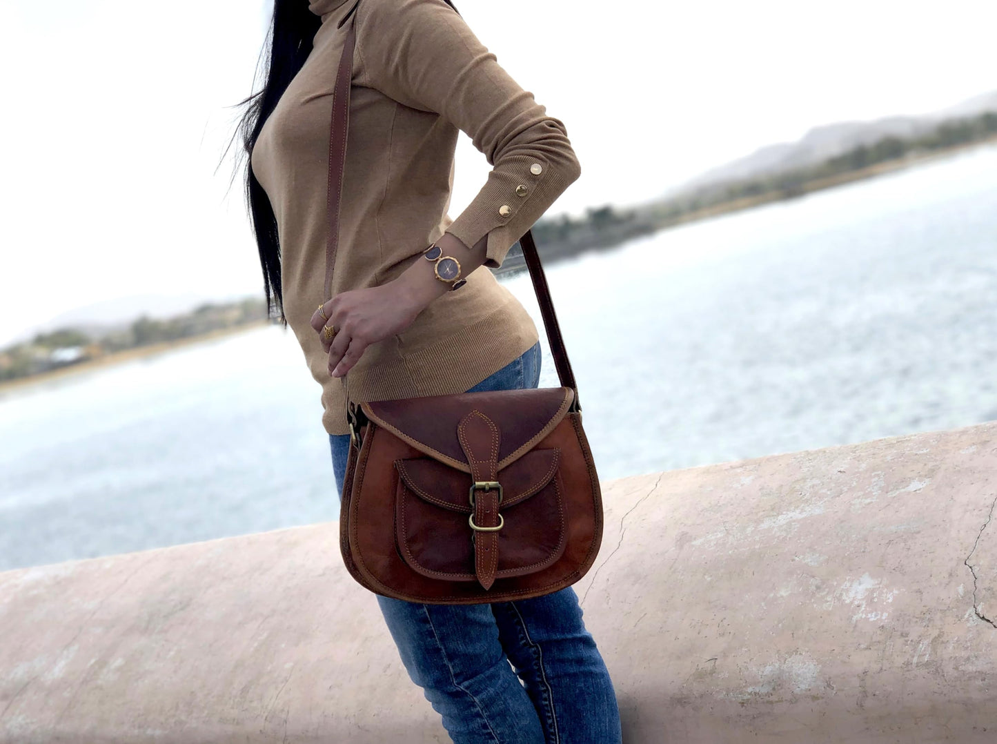 Firu-Handmade Women Vintage Style Genuine Brown Leather Crossbody Shoulder Bag Crossover Satchel ladies Purse Tote Handbags Travel